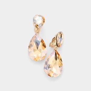 Topaz Dangle Crystal Clip On Earrings 2 Inches Double Tear Drop ClipOns Jewelry